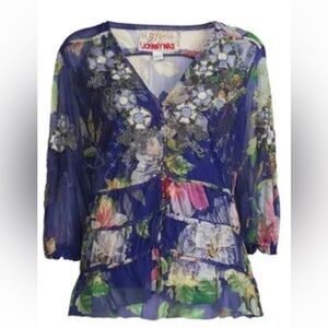 Johnny Was Biya Blue Mazzy Ruched Mesh Blouse B15824